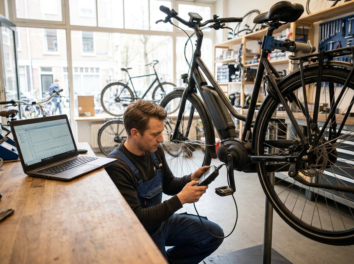 Monteur leest een e-bike uit met een laptop