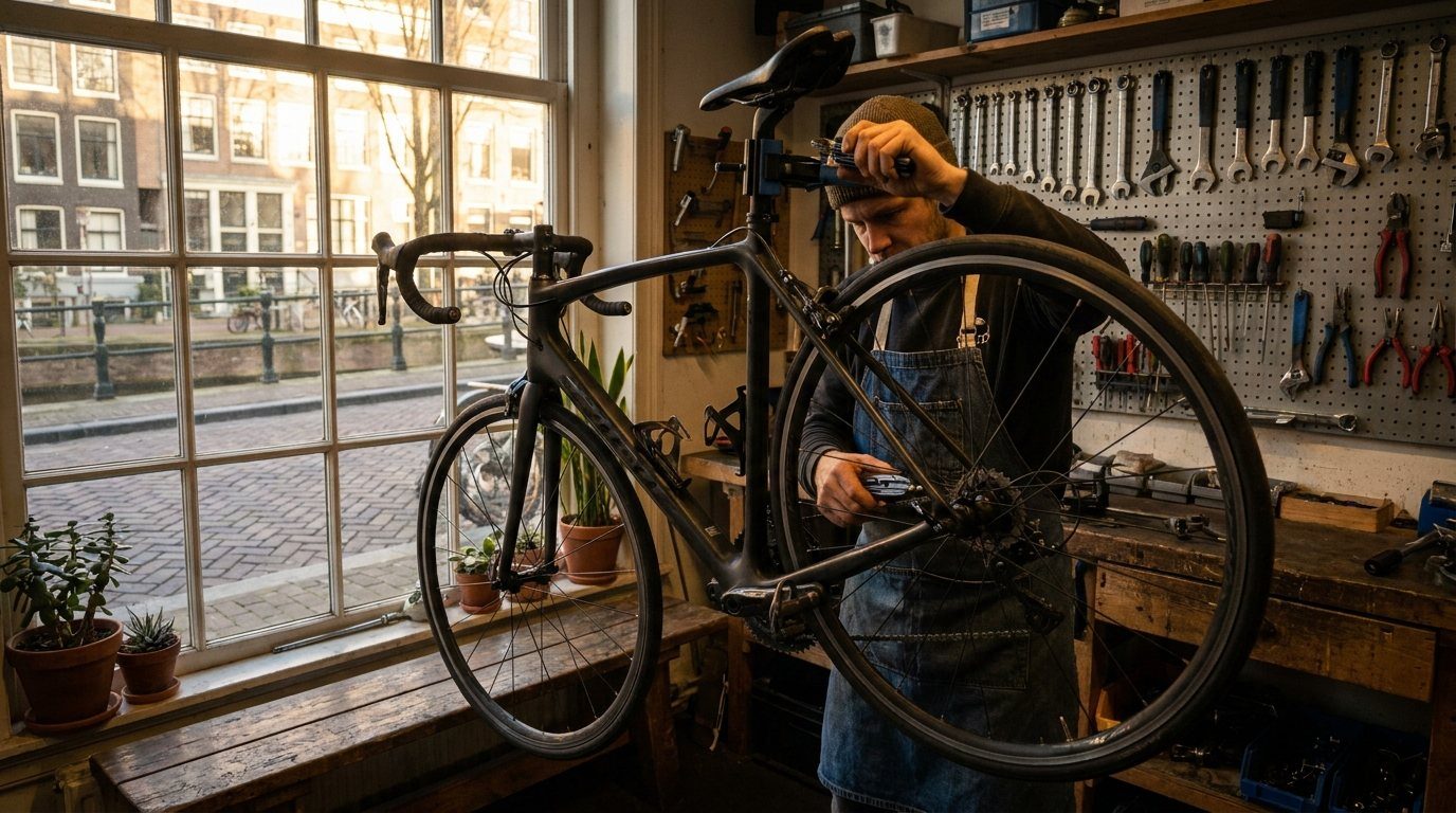 Monteur stelt de derailleur van een racefiets af in de werkplaats